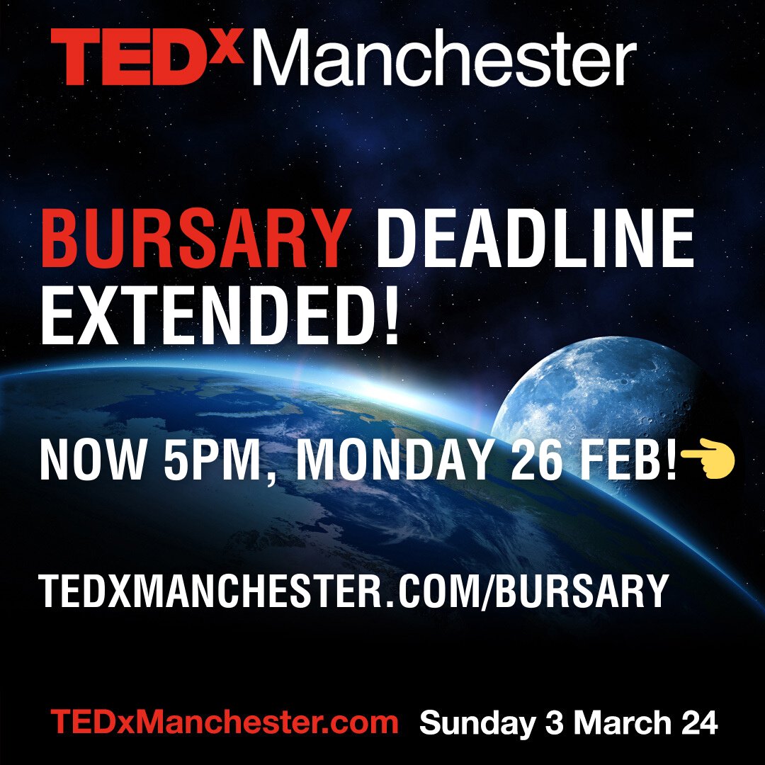 Amazing response so far for the <a href="/CheadleHulmeSch/">Cheadle Hulme School</a> Bursary Programme for #TEDxManchester 2024. Final final deadline 5pm tonight, Mon 26 Feb.. tedxmanchester.com/bursary/ 👈