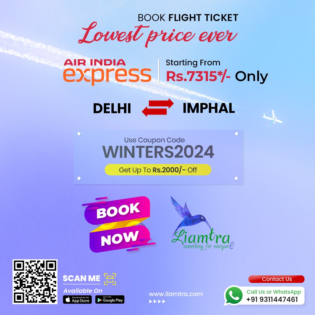 Book your Delhi to Imphal flight through Liamtra to get huge discounts on lowest flight on @AirIndiaX.

#DelhiToImphal #LiamtraFlights #AirIndiaX #FlightDiscounts #BookNow #TravelDeals #ImphalBound #FlyWithAirIndiaX #BestFares #LimitedOffer #BookwithLiamtra