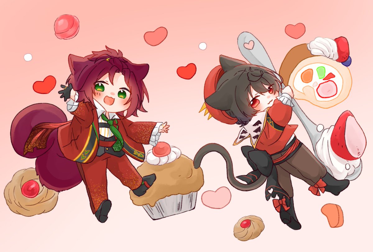 multiple boys 2boys animal ears cat boy red pants green eyes tail  illustration images