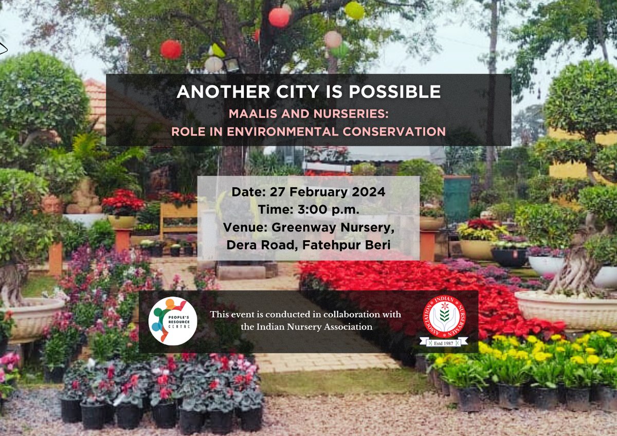 Join us for our February edition of #Anothercityispossible on the 27th, Feb at Greenway Nursery, Fatehpur Beri, Delhi 
<a href="/DownToEarth_IN/">Down To Earth</a> <a href="/sundernursery/">Sunder Nursery Park</a> <a href="/CoHorts/">Horticulture Mag</a> <a href="/Indian_Rivers/">SANDRP</a> <a href="/21Indiannursery/">Indian Glorious Nursery and Cultivation</a> <a href="/DainikBhaskar/">Dainik Bhaskar</a> <a href="/ThePrintHindi/">ThePrintHindi</a>