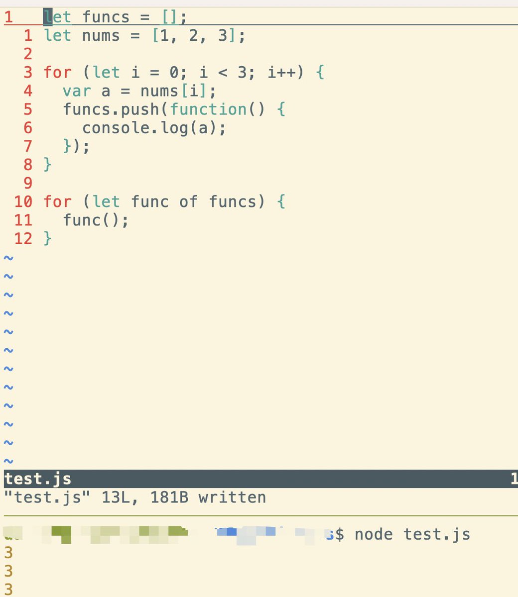 Daniel3790y's tweet image. In JavaScript, "var" variables would be hoisted as functional or global variables, so be careful while using closures with loops. If each iteration creates a closure which contains "var" variables, they would be the results of last iteration.
#ProgrammingParadigms
@KhouryCollege
