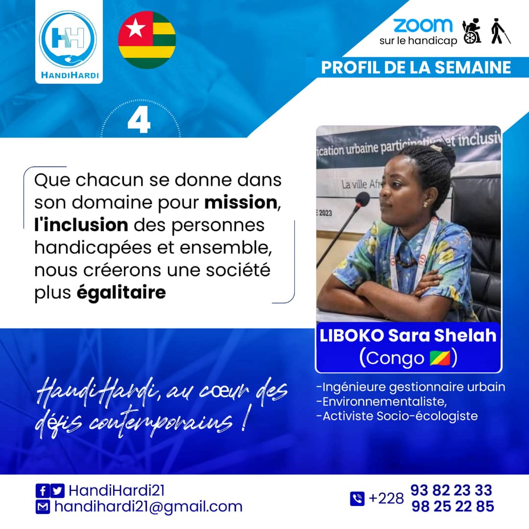 Jouez votre rôle pour l'#inclusion des Personnes Handicapées, tel est l'appel du #ProfilDeLaSemaine de ce lundi, Mme LIBOKO S. Shelah. L'Inclusion des #PH est l'affaire de tous. Il est temps d'agir,de se mobiliser et de travailler pour créer un monde où la diversité est célébrée