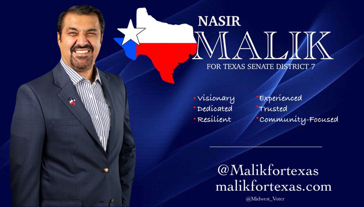 Vote Democrat Nasir Malik to
Texas State Senate for #TX07
Fossil Fuel
Gun Safety
Healthcare
Fixing the grid
Climate Action
Protecting children
Reproductive rights
& more
🇺🇸 @Malikfortexas
🇺🇸 malikfortexas.com

#wtpBLUE #wtpGOTV24
 #ResistanceBlue #proudblue