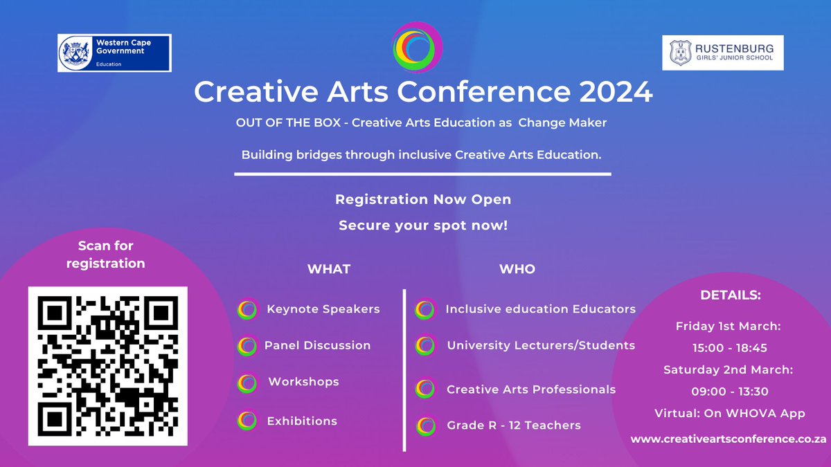 ⌛️There are just 4 days until the 2024 Creative Arts Conference, brought to you by Rustenburg Girls’ Junior School, in partnership with the Western Cape Education Department. Calling on teachers in the province to register today! Visit creativeartsconference.co.za to register!