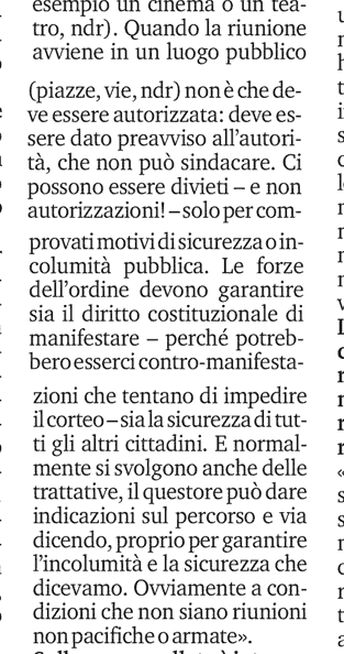 vitalbaa's tweet photo. Cesare Mirabelli, presidente emerito della Corte costituzionale, su La Stampa ribadisce i concetti essenziali, quelli che provo a scrivere qui da giorni:

- per manifestare non serve un'autorizzazione, serve un preavviso;

- la proporzionalità tra azione e reazione è il principio che presiede alla valutazione della condotta delle forze dell'ordine.

Ci sono state manganellate nei riguardi di persone senza armi, che non attentavano alla sicurezza pubblica. Il dubbio che si sia trattato di una reazione sproporzionata, quindi illegittima, è molto forte

(dubbio che purtroppo non sfiora la maggioranza di governo)