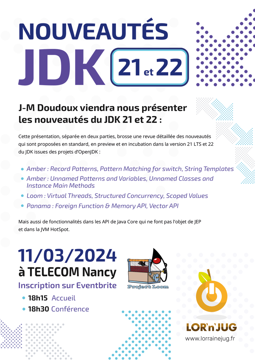 Hello, bientôt le printemps et du coup BIM ça tombe : une pres' de <a href="/jmdoudoux/">Jean-Michel Doudoux</a> sur les nouveautés Java 21 &amp; 22. Ca se passe à <a href="/TELECOMNancy/">TELECOM Nancy</a> le lundi 11/03 à 18h15. Amber, Loom et Panama au programme 😎. Venez nombreux ! Inscriptions : lorrainejug.fr/annonce/2024/0…