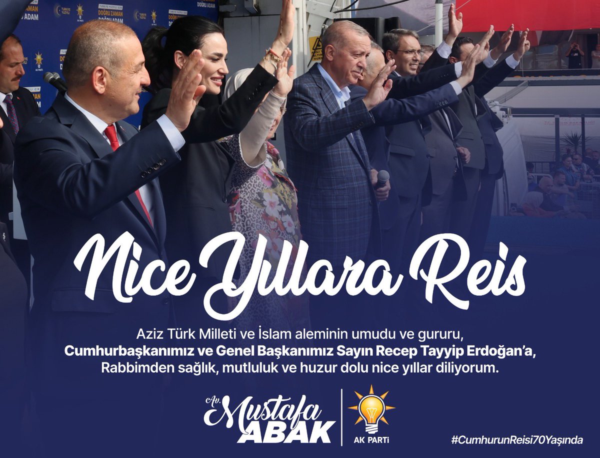 Aziz Türk Milleti ve İslam aleminin umudu, Cumhurbaşkanımız Sayın Recep Tayyip Erdoğan’a, Rabbimden sağlık, mutluluk ve huzur dolu nice yıllar diliyorum. 

Rabbim sana sağlıklı ve uzun yıllar nasip etsin. Ülkemizin başından eksik etmesin inşallah.

#CumhurunReisi70Yaşında
