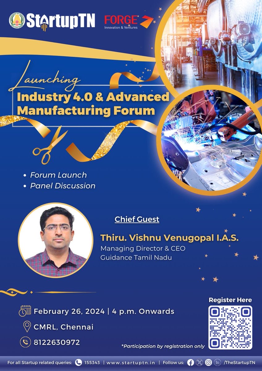InnovateTn's tweet photo. @TheStartupTN in collaboration with Forge Innovation &amp; Ventures as the incubator partner, is launching the " Industry 4.0 and Advanced Manufacturing Forum " starting at 4:00 PM today. 
@VishForge @Meeraforge @FORGE_FORCE @naanmudhalvanTN @minmsme https://t.co/QPSpmFa9LK