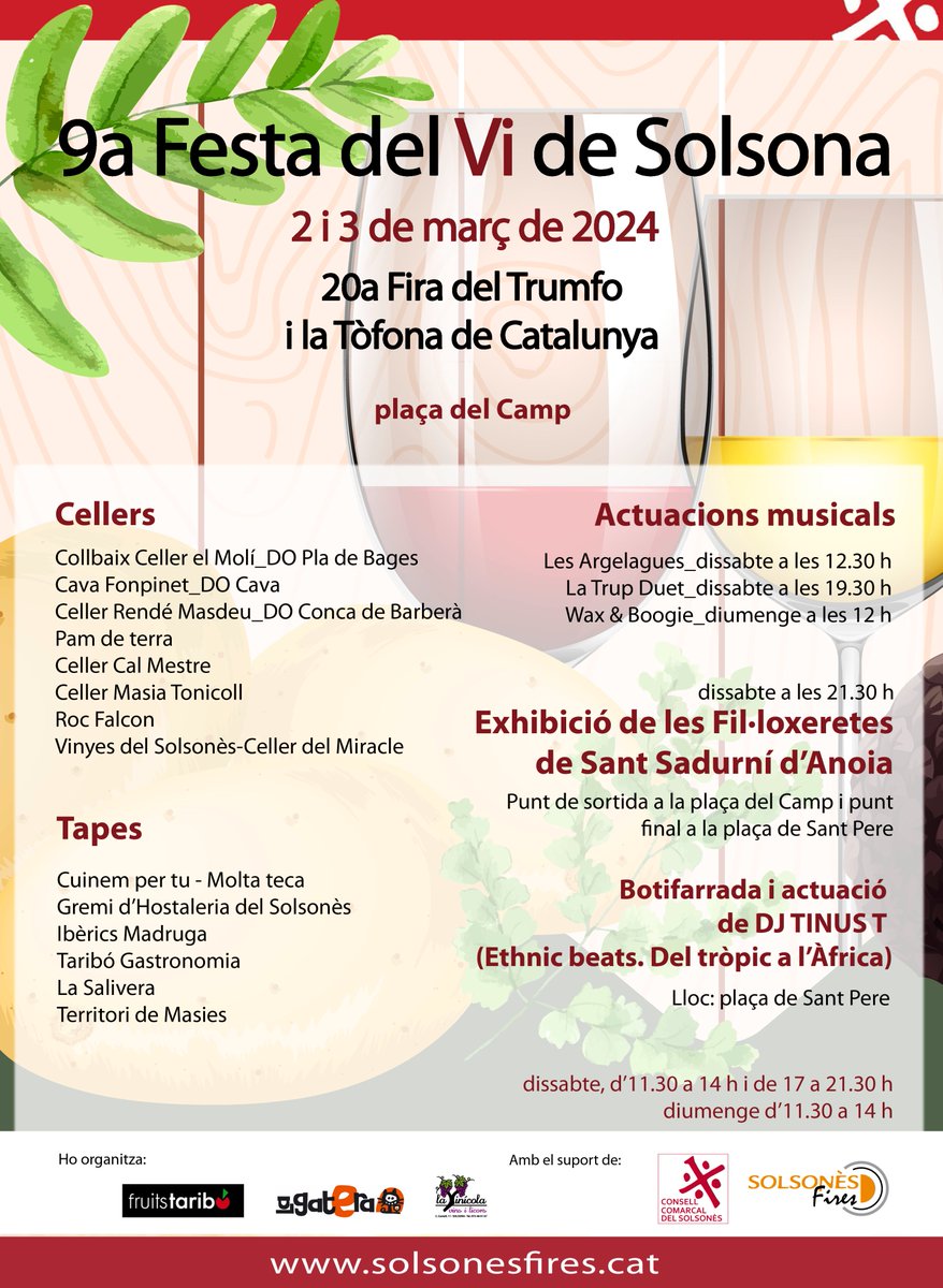 Turisme Solsonès (@turismesolsones) on Twitter photo 🗓️El proper cap de setmana 2 i 3 de març no et perdis la 20a #fira del Trumfo i la Tòfona de #Catalunya i la 9a festa del vi de #Solsona
#trumfo #patata #tòfona #vi <a href="/CCSolsones/">Consell Comarcal del Solsonès</a> <a href="/Solsona_cat/">Ajunt. de Solsona</a> <a href="/DiputacioLleida/">Diputació de Lleida</a> <a href="/ctforestal/">CTFC</a> 🗓️El proper cap de setmana 2 i 3 de març no et perdis la 20a #fira del Trumfo i la Tòfona de #Catalunya i la 9a festa del vi de #Solsona
#trumfo #patata #tòfona #vi <a href="/CCSolsones/">Consell Comarcal del Solsonès</a> <a href="/Solsona_cat/">Ajunt. de Solsona</a> <a href="/DiputacioLleida/">Diputació de Lleida</a> <a href="/ctforestal/">CTFC</a>