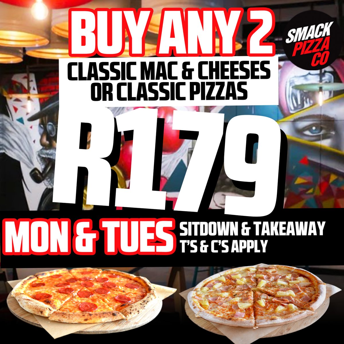 SMACK ATTACK MONDAYS & TUESDAYS!
Buy any 2 Classic Pizzas or Mac and Cheese ONLY for R179!

✔️Classic
✔️Rustic Classic
✔️Chicken
✔️Pepperoni
✔️Smoke ‘n Shrooms
✔️Hawaiian
✔️The Greek (Vegetarian)
✔️Buzz Kill
✔️Johnny Apple Pie

#Smack #pizza #tuesdayspecial #mondayspecial