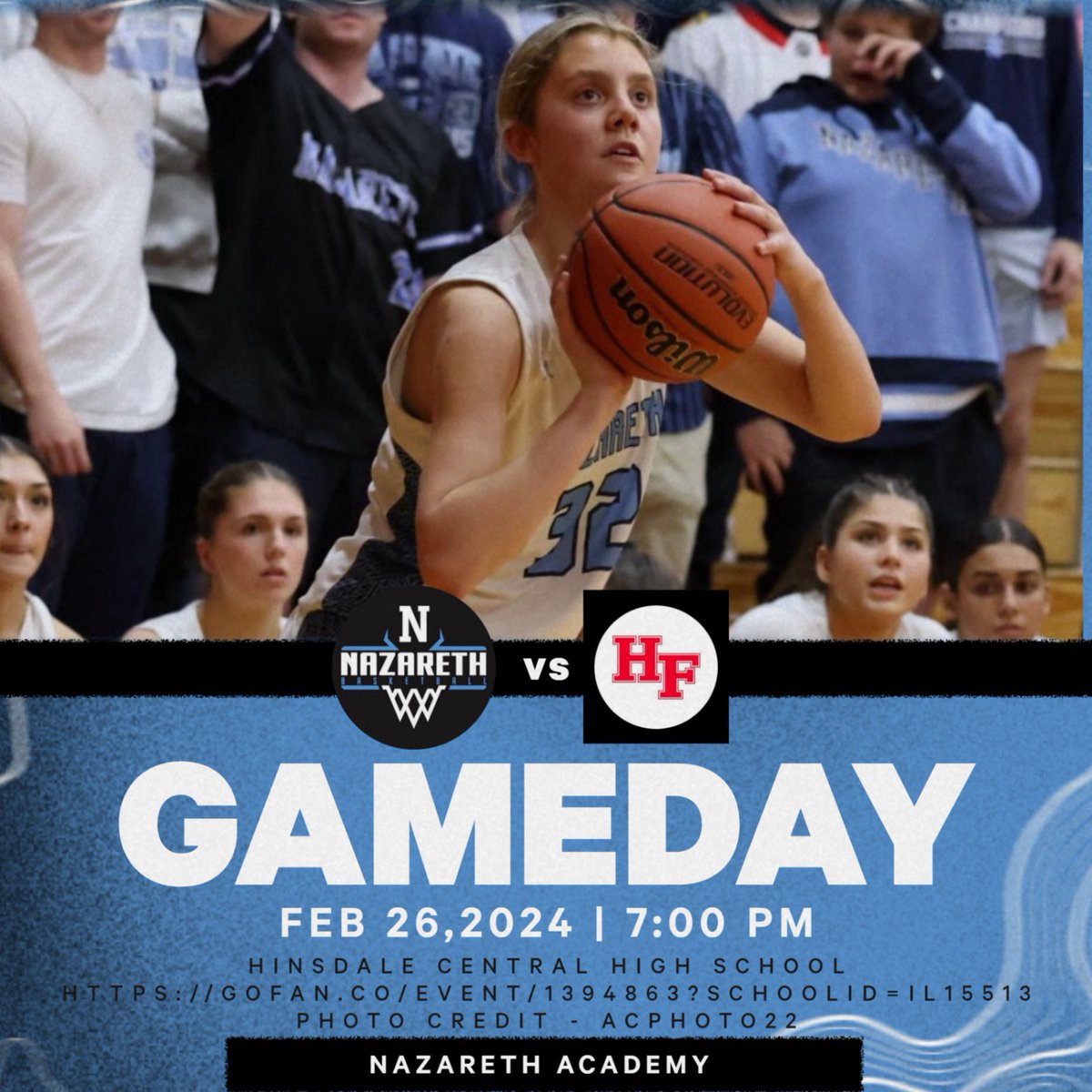 🚨🚨GAME DAY 🚨🚨 🏀Nazareth vs HF ⏱️7:00PM 📍 Hinsdale Central High School 🎟️ gofan.co/event/1394863
