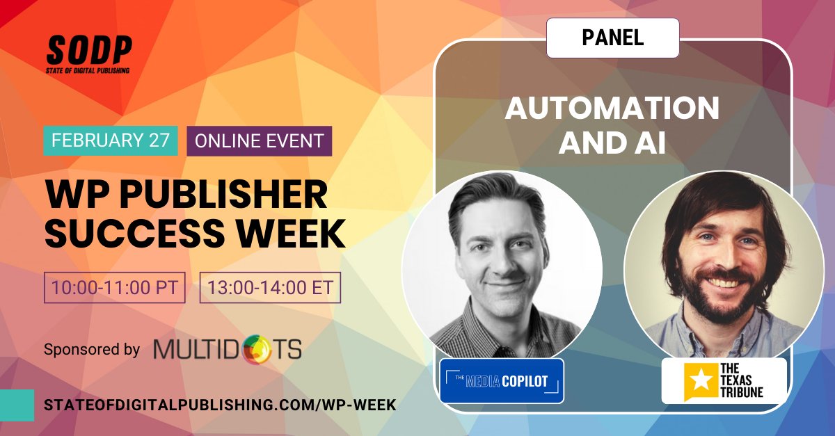 multidots's tweet image. 🤖Explore Automation and AI impact on digital publishing! Join @petepachal and @mailbackwards, as they&apos;ll discuss AI applications, potential successes, and future trends.

🗓 Feb 27 | 10 AM PT | 1 PM ET

Register Now ➡️ t.ly/PLPXE

#Multidots #SODP #WPWeek #WordPress