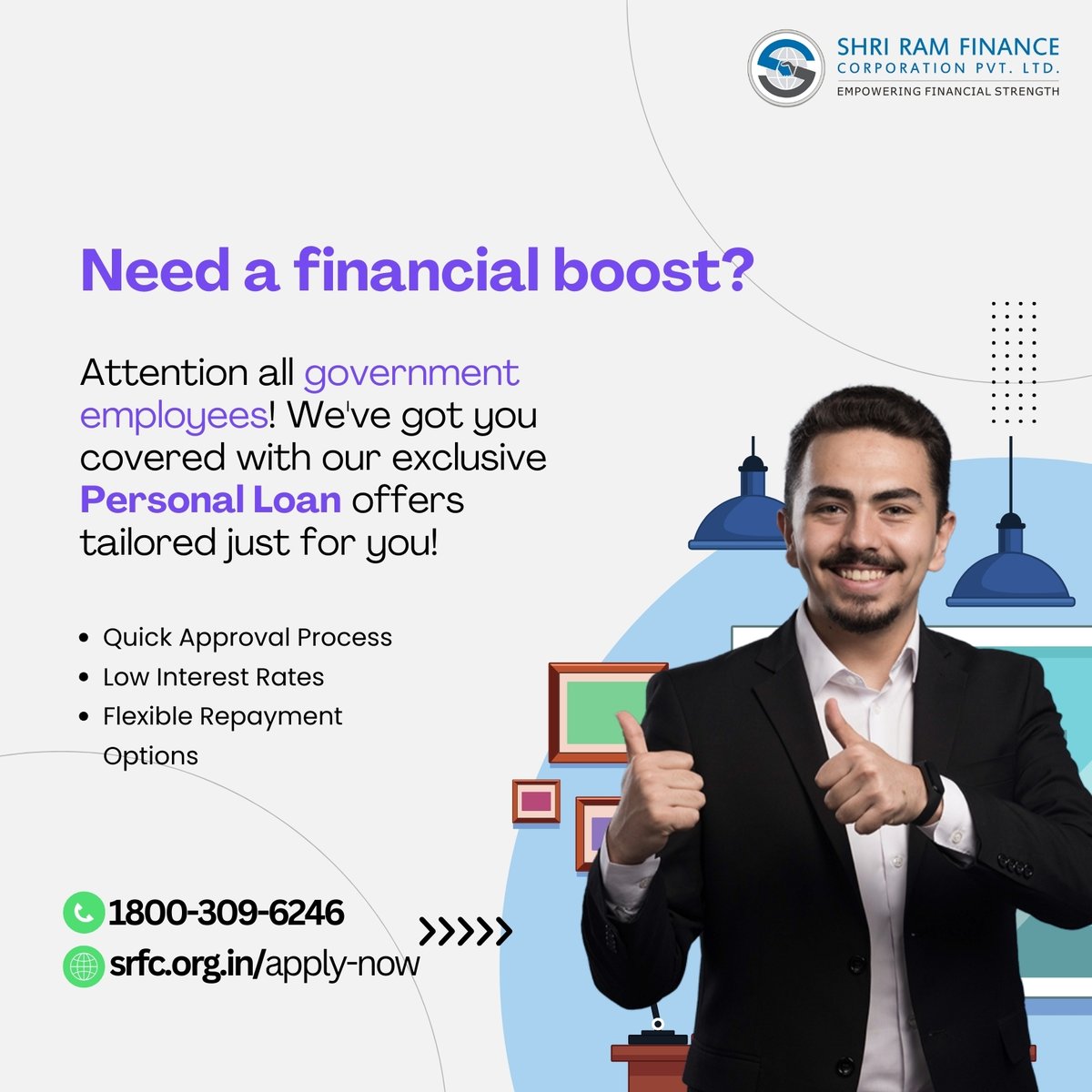 Government employees, unlock your financial potential today! Our personalized personal loans offer low rates, flexible terms, and lightning-fast approval. Apply now and take control of your dreams! 💼💰

#PersonalLoans #GovernmentEmployees #srfcnbfc #instantloan #loanonline