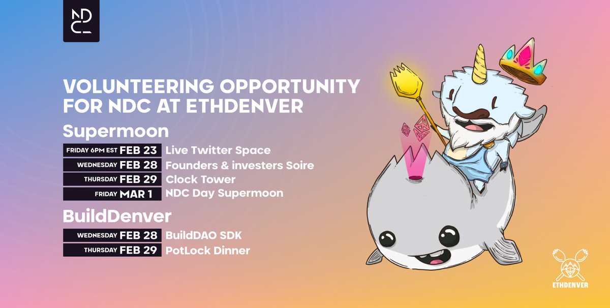 🌟Join NDC Build House with @Supermooncamp & NDC Build Lodge with @NearBuilders at @ETHDenver and volunteer as NDC Ground Crew! 

🗓️Happening: FEB 23 - MAR 3 ✨

🤝Interested in Volunteering? Fill out the sheet below with your contribution options and preferred day: