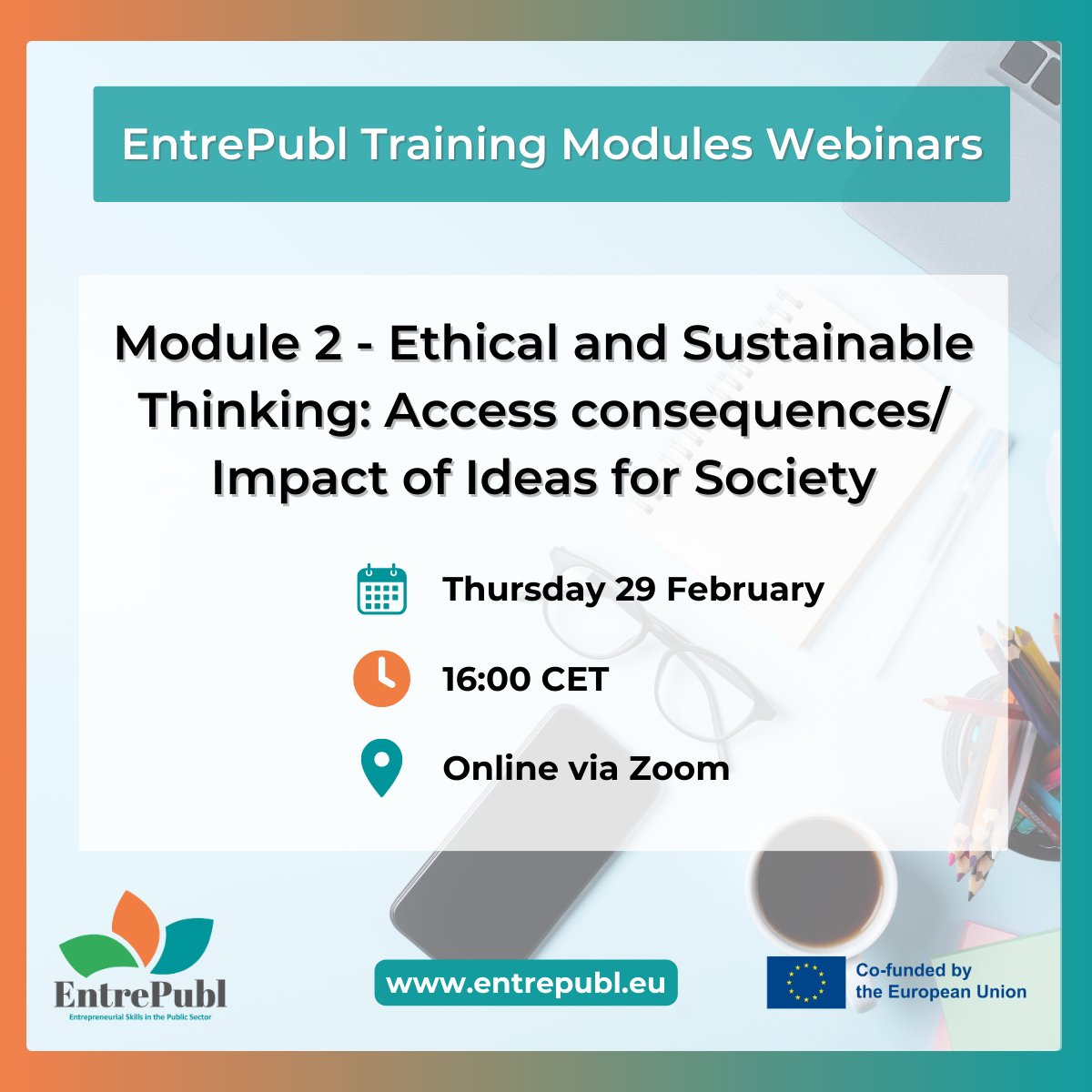 🚀 Join EntrePubl's Training Modules Webinars of this week! 🌐 🌟 Creativity: Feb 27, 16:00 CET. 📝 Register: bit.ly/3OQDDw7 🌍 Ethical and Sustainable Thinking: Feb 29, 16:00 CET 📝 Register: bit.ly/4bKfa5x ℹ️ More information: entrepubl.eu