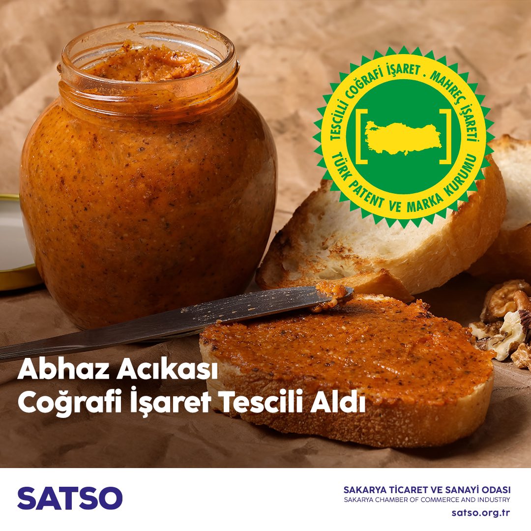 SATSO KÜLTÜREL MİRASIMIZA BİR TESCİL DAHA EKLEDİ; Abhaz Acıkası Coğrafi İşareti Tescillendi🌟 Sakarya Ticaret ve Sanayi Odası tarafından, “Abhaz Acıkası” ile ilgili yapılan Coğrafi İşaret Tescil başvurusu Türk Patent ve Marka Kurumu tarafından onaylanarak tescillendi. Abhaz