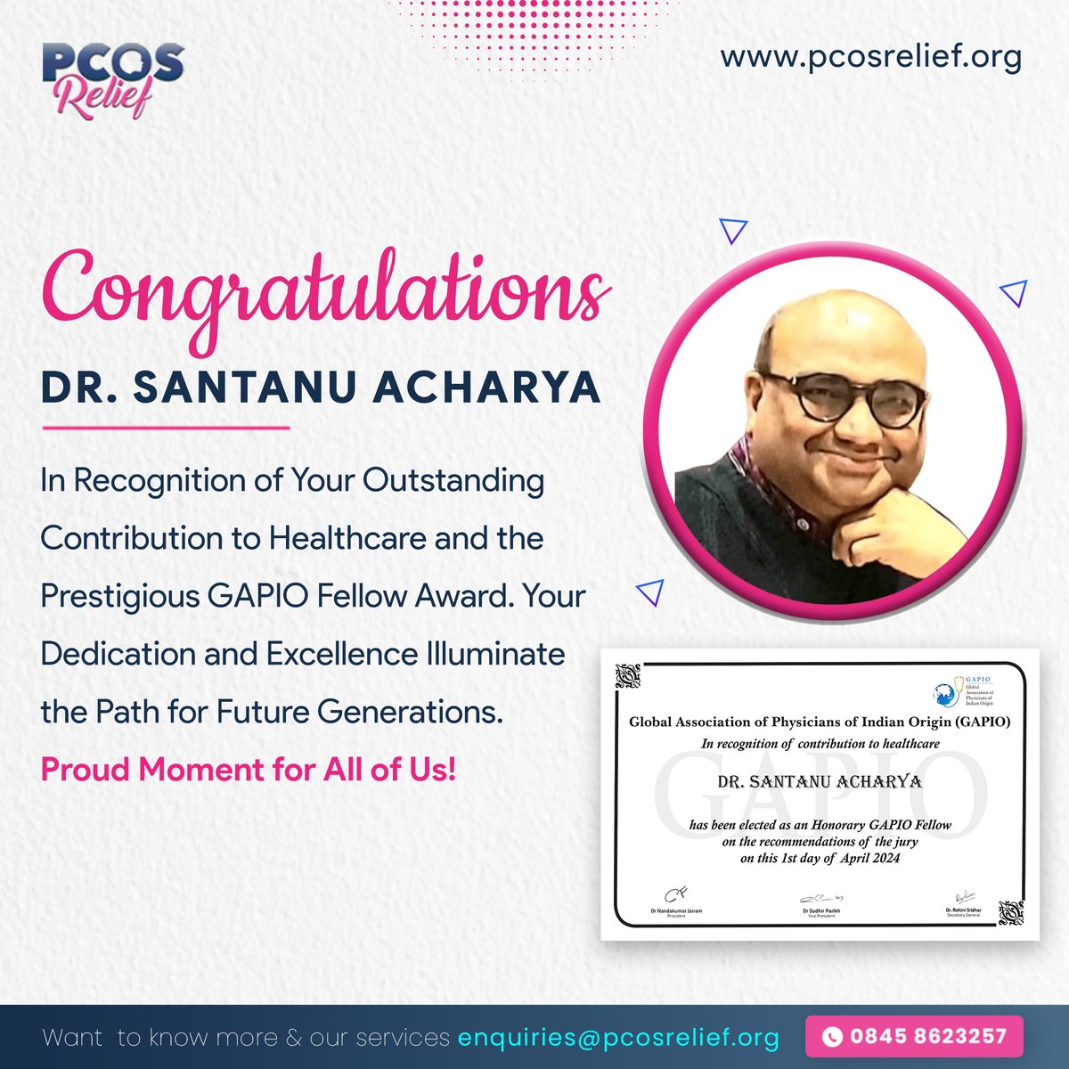 Congratulations, Santanu Acharya! 
In Recognition of Your Outstanding Contribution to Healthcare and the Prestigious GAPIO Fellow Award. Your Dedication and Excellence Illuminate the Path for Future Generations. Proud Moment for All of Us!  @SANTANUACHARYA3
