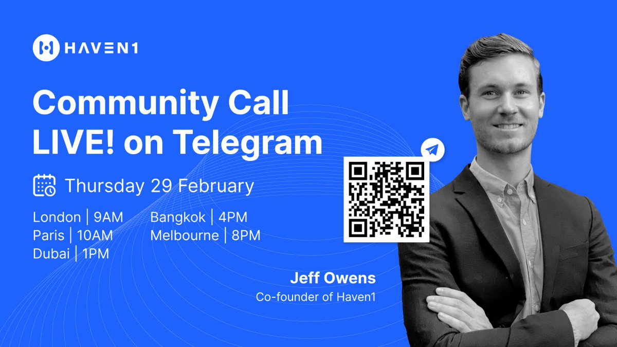 Havenauts, mark your calendars! 🗓️

Join us for the upcoming Haven1 Community Call with co-founder @_jeffreyowns and get the latest scoop straight from the source 🎙

📅 Date: 29 February
🕓 Time: 9AM UTC

Scan the QR code for direct access and we'll see you there! 🤝