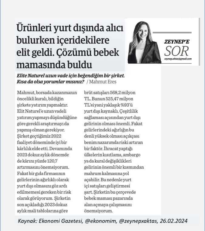 Ürünleri yurt dışında alıcı bulurken içeridekilere elit geldi. Çözümü bebek mamasında buldu
ekonomim.com/kose-yazisi/ge…

Elite Naturel uzun vade için beğendiğim bir şirket. Kısa da olsa yorumlar mısınız? / Mahmut Eres

#Elite #şirket #haber <a href="/zeynepxaktas/">Zeynep Aktaş</a> #zeynepesor
