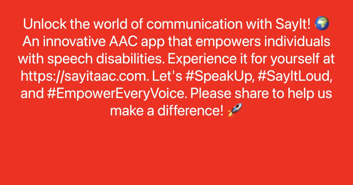 Unlock the world of communication with SayIt! 🌍 An innovative AAC app that empowers individuals with speech disabilities. Experience it for yourself at ayr.app/l/BXfi. Let's #SpeakUp, #SayItLoud, and #EmpowerEveryVoice. Please share to help us make a difference! 🚀