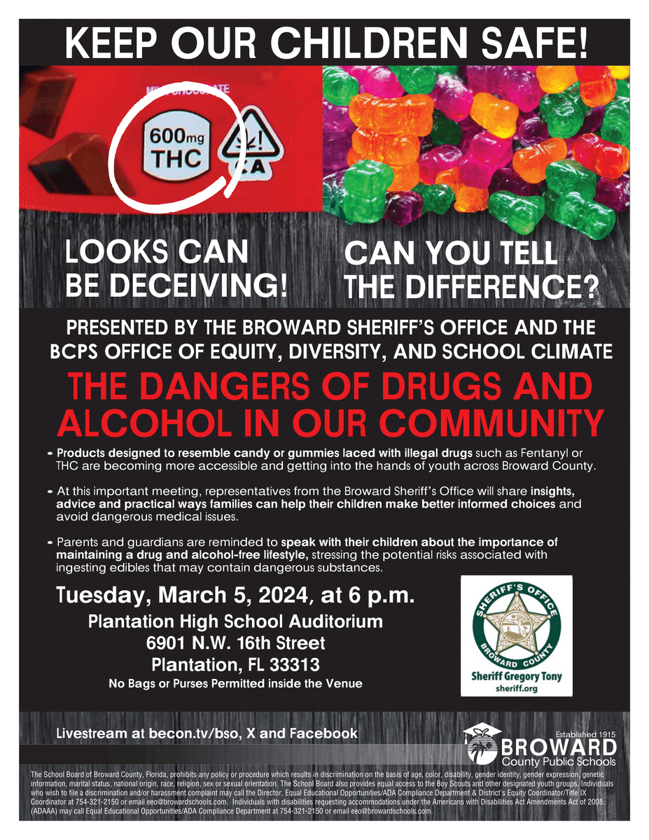 Join @browardsheriff and @browardschools for a discussion on the dangers of drugs and alcohol in our community! Learn from experts about the risks of candy-like products containing illegal substances. 📅 Tuesday, March 5, at 6 p.m. 📍 @Plantation_HS. Livestream: