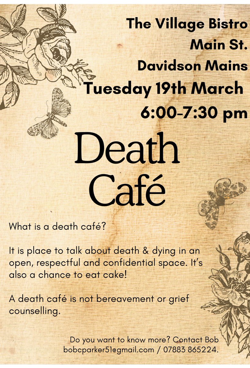 Have you experienced a bereavement? Being able to talk about your loved one is an important part of grieving. Pop down to the Death Cafe to chat to other people who are bereaved. (This is not an NHS initiative)