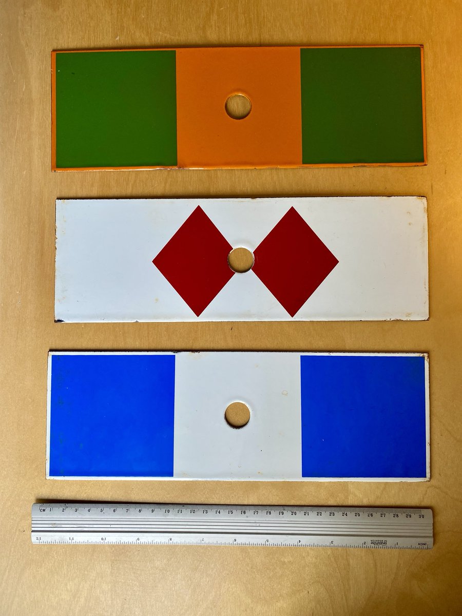 DarentValleyCRP's tweet photo. Bought at the weekend in case they could be used in a station restoration - does anyone in the railway world know what they might be? Thought to be signals, but there doesn’t appear to be any record online (yet!). Very heavy enamel. @RailwayHeritage #railwaysignals https://t.co/Tcfux8L4ZX