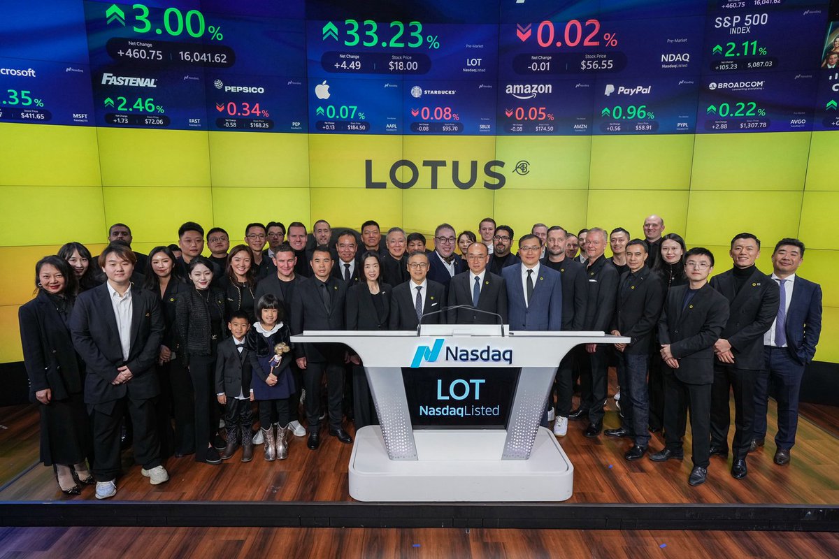 sirfupdate_'s tweet image. 🎉 #Lotus Technology Inc. celebrates NASDAQ debut!
- CEO Mr. Feng: "An exciting moment for all of us at Lotus Tech." 🌟 #LotusTech #NASDAQ $LCAAW