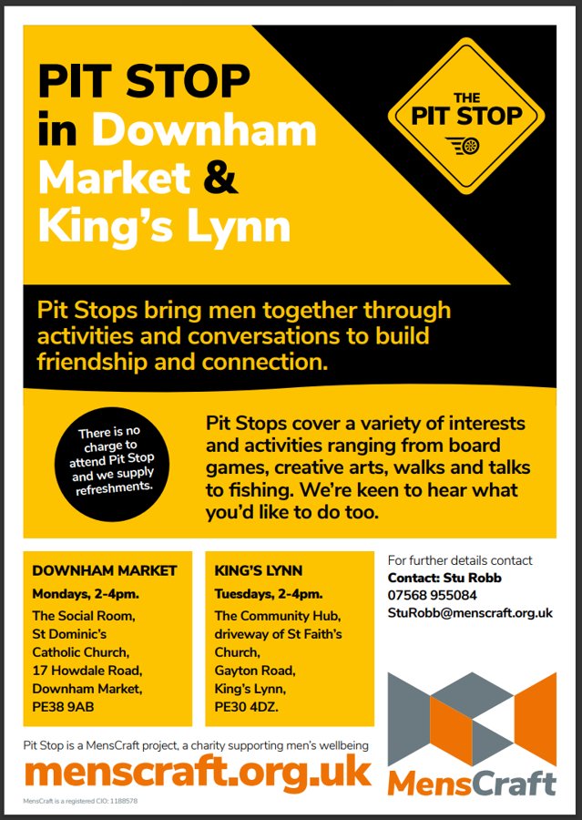#downhammarket
#kingslynn
#socialgroups

Free, weekly Pit Stop socials welcoming all #men in Downham Market & King's Lynn.

Monday & Tuesday afternoons.

Please help circulate & spread word about these groups as we look to build attendance & promote in #WestNorfolk. 🙏