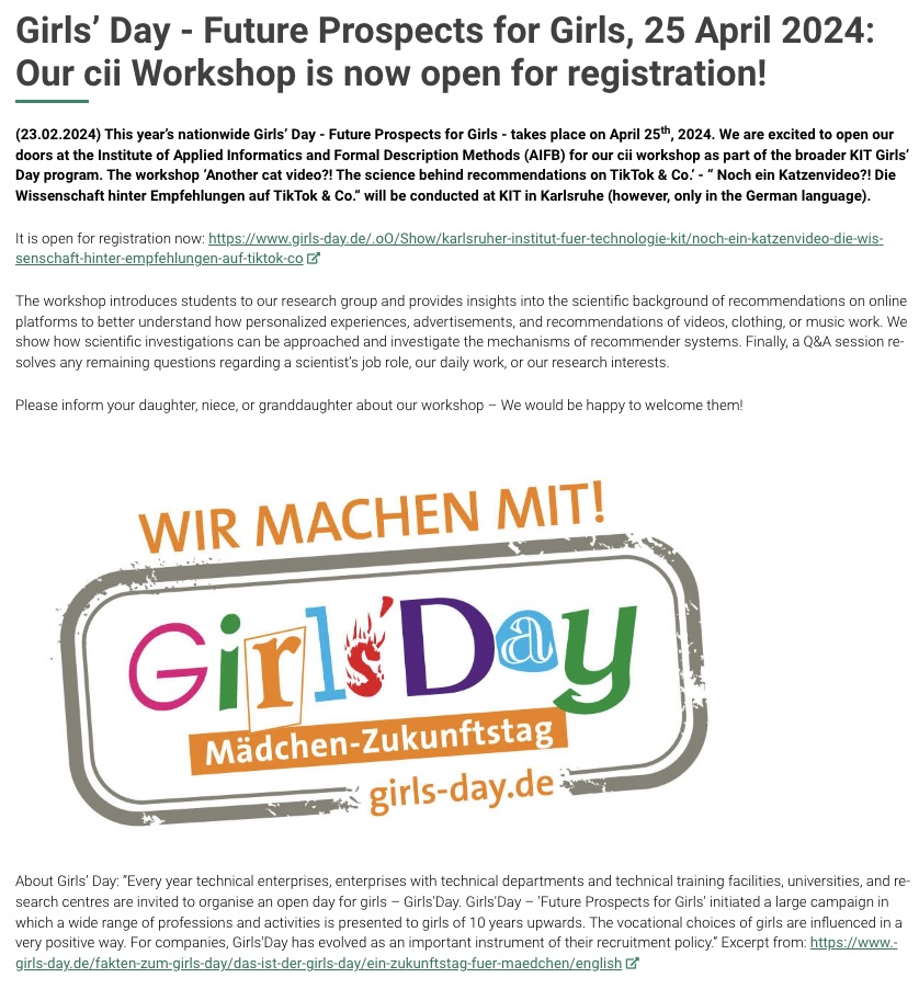 We are looking forward to being at the Girls’ Day again this year ! 25 April 2024 - our cii Workshop is now open for registration 🥇👇 cii.aifb.kit.edu/2108.php @KITKarlsruhe @Der_GirlsDay
