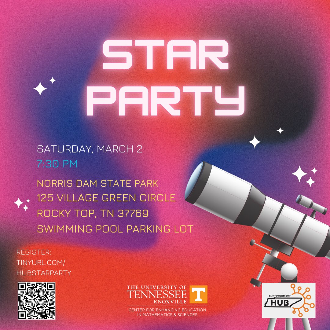 Our Star Party is THIS SATURDAY! There is still time to sign up.

Students, teachers and families join us THIS SATURDAY to view constellations at Norris Dam. This is a great opportunity to learn about astronomy and have a family fun night!

Register here: tinyurl.com/hubstarparty