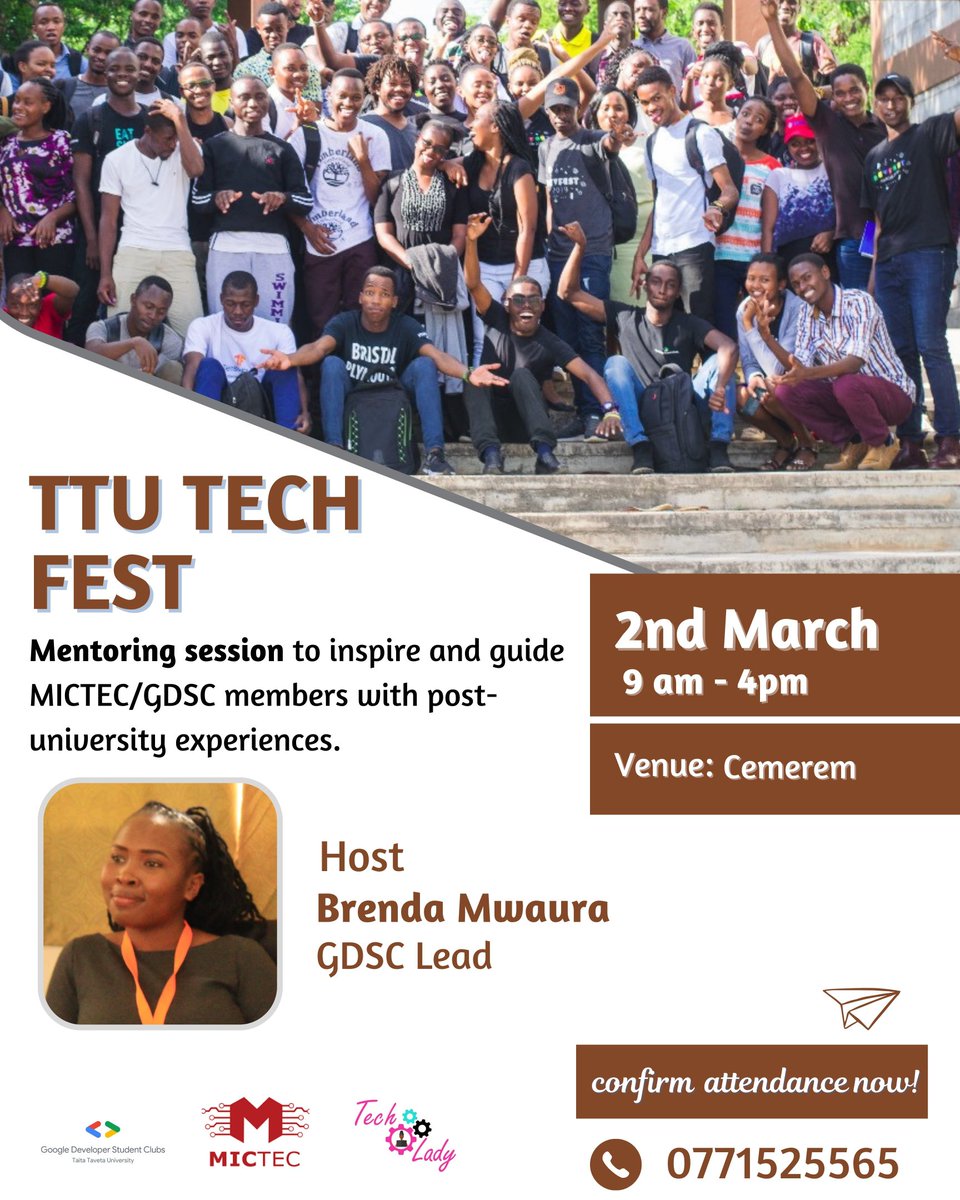 _Brendamwaura's tweet photo. I'm so excited though nervous 😄

#TTUTechFest'24 is finally happening this weekend at @TaitaTavetaUni organized by @DscTtu and I can't wait to learn from you'll

Follow @DscTtu for more Updates 🎉 https://t.co/fJOZViJ7b9