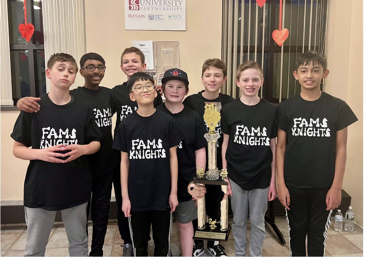 Congratulations to the FAMS Knights, the competition Chess club, took 2nd place in their first tournament ever in the Team Division at the NJ Elementary and Junior High Championships.  Also Luke S.,  took 2nd place overall out of 164 competitors.