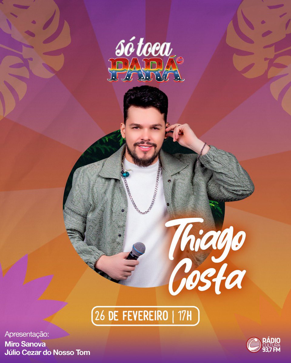 Nesta segunda-feira (26), o SÓ TOCA PARÁ recebe o cantor e compositor Thiago Costa. Não perca o programa ao vivo, às 17h, com comando de Miro Sanova e Júlio Cezar Patricio. Direto dos estúdios da Rádio Cultura 93,7 FM. 📍 Aconpanhe na Cultura, através da Rádio, APP e PORTAL!