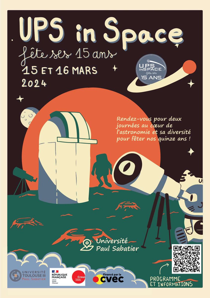 [ANNONCE] UPS in Space fête ses 15 ans !🎂 Rendez-vous vendredi 15 et samedi 16 mars pour un week-end sous le signe de la fête et de l'astronomie ! 🤩 Pour plus d'infos : upsinspace.com/ups-in-space-f… @UT3PaulSabatier @croustoulouse @PlanetSciOccit @ComputYourself @Univ_Toulouse