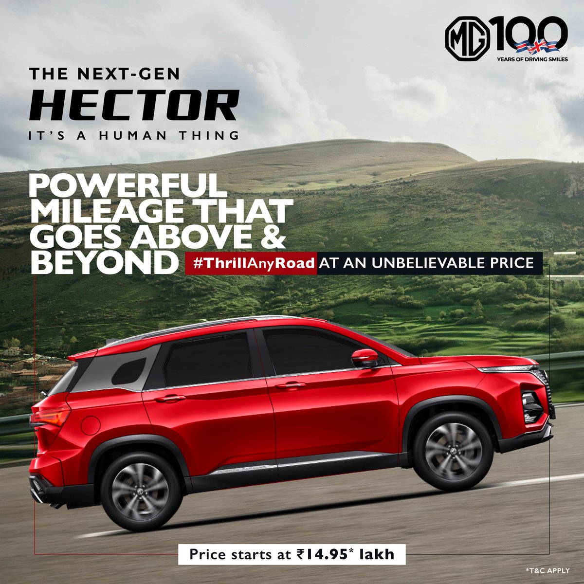 MGMotorIn's tweet photo. Unleash the thrill while going the extra mile with the MG Hector Diesel. With impressive mileage, brace yourself for a lasting adventure on the road.

Petrol starts at ₹14.95* Lakh &amp; Diesel at ₹17.50* Lakh.

Visit your nearest MG Showroom. *T&amp;C Apply.
#TheNextGenHector https://t.co/H7LRfafs0T
