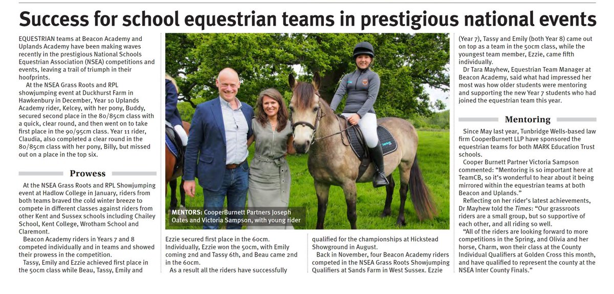 Thank you to the @timeslocalnews for helping to celebrate the achievements of our equestrian teams! And a big thank you to Tunbridge Wells-based law firm, @CooperBurnettTW, who have sponsored the equestrian teams since last year. #MakeYourMARK