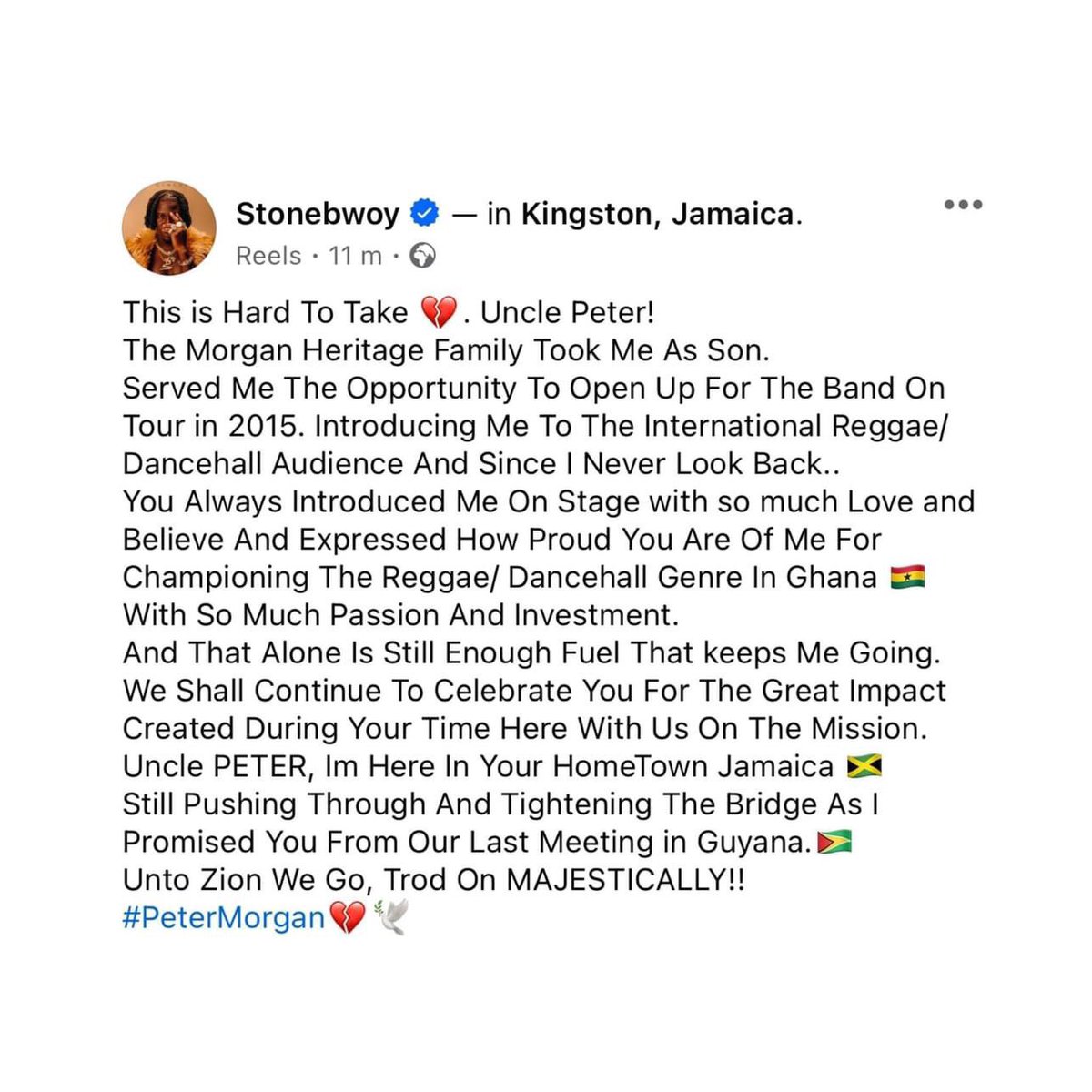 Kashizz5's tweet image. Stonebwoy pays Tribute to Peter Morgan of Morgan Heritage fame 💔😢🙏🇬🇭🇯🇲
#PeterMorgan