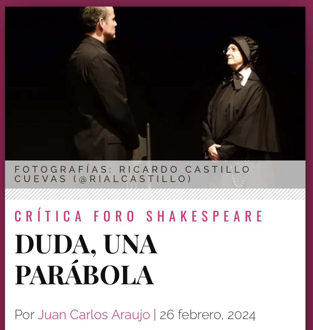 ¡NUEVA CRÍTICA! 

“Duda, Una Parábola” que se presenta los lunes en el Foro Shakespeare. 

Para quienes entienden que una creencia, por más férrea que sea, dista mucho de ser la verdad absoluta.

entretenia.com/duda-una-parab…