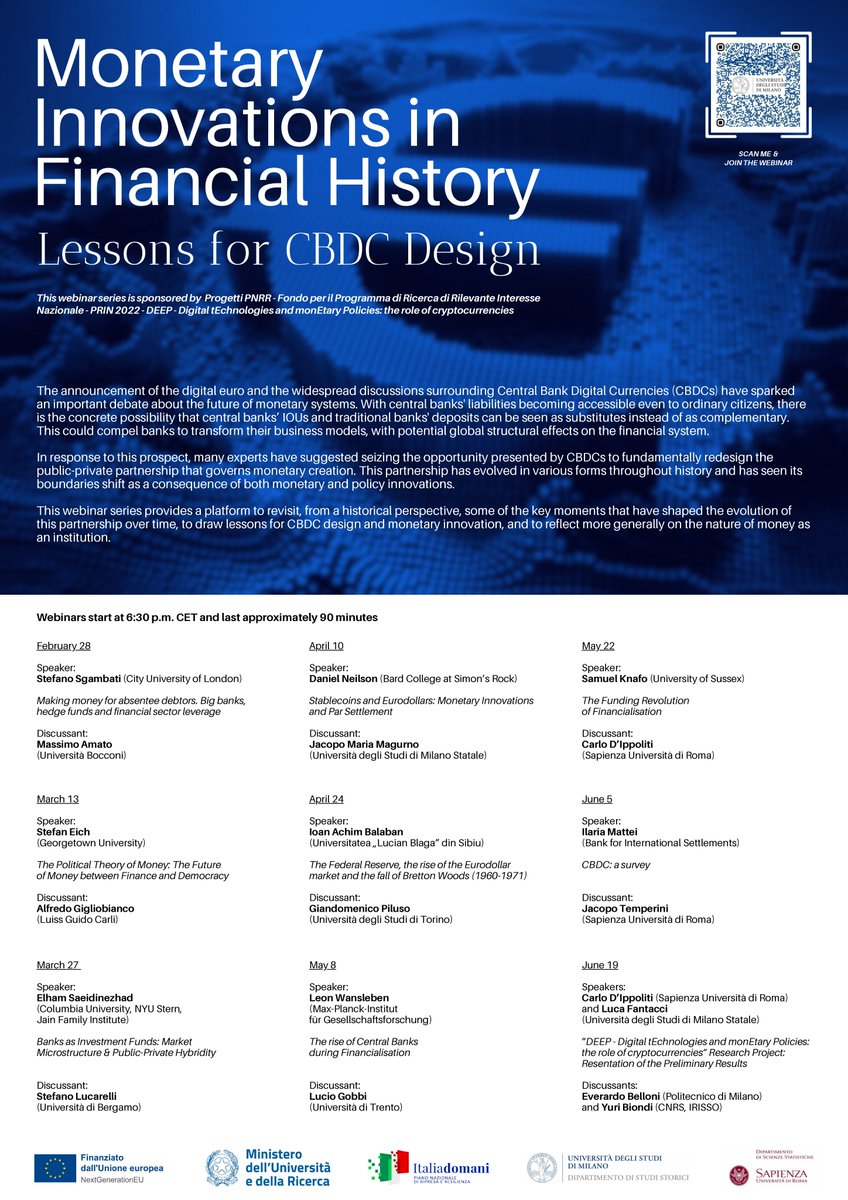 📢 𝗔𝗡𝗡𝗢𝗨𝗡𝗖𝗘𝗠𝗘𝗡𝗧 🌐 📅 Save the Date: Deep Workshops Series: Monetary Innovations in Financial History, Lessons for CBDC Design 📅 Link to the webpage of the webinars: encr.pw/aXPaT Link to join us via Teams: tinyurl.com/yeyrsd88 1/8