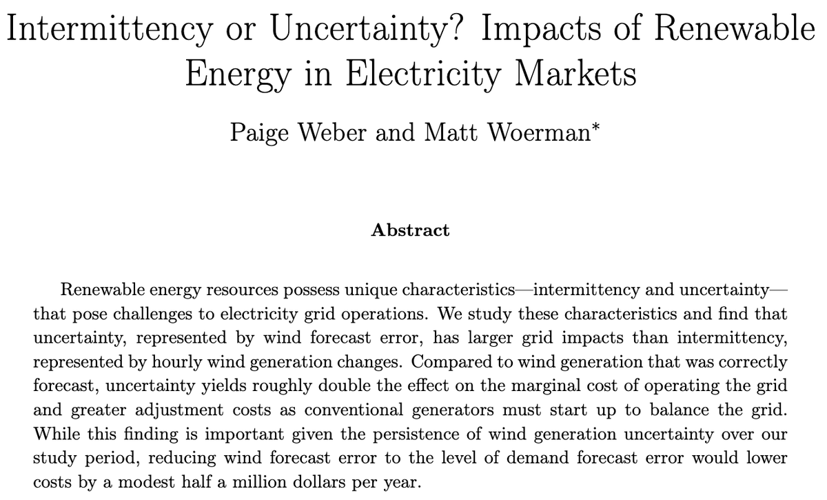 🌬️ Just accepted 🌬️ in @JaereAere: 'Intermittency or Uncertainty? Impacts of Renewable Energy in Electricity Markets' by Paige Weber and Matt Woerman Read it here: journals.uchicago.edu/doi/10.1086/72…