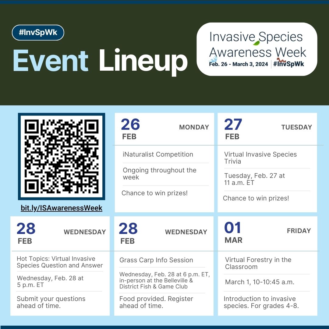 Today is the first day of Invasive Species Awareness Week! Get involved by joining the conversation on social media using the hashtag #InvSpWk, sharing posts from participating individuals &amp; organizations, attending a free event, or all three. Learn more: bit.ly/ISAwarenessWeek