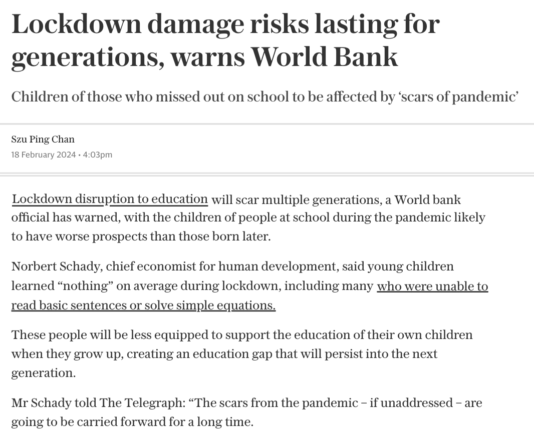 ProfKarolSikora's tweet photo. Lockdown punished the youngest in our society, and for that we should all be ashamed.

Not only directly costing hundreds of billions, but locking in financial ruin for decades to come.

'Scarring' multiple generations and destroying future prospects.

Absolutely horrific. https://t.co/JxC6ZBNExd