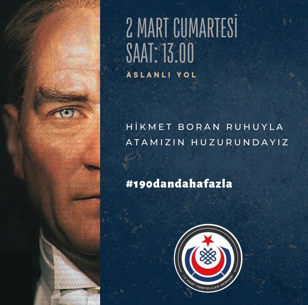 Büyük buluşma için geri sayım başladı.Tıbbiyeli Hikmet Boran'ın yolunda, Gazi Mustafa Kemal Atatürk'ün huzurunda hep beraber omuz omuza olacağız. Sen yoksan bir kişi eksiğiz. Beyaz önlüğünü al, gel.
#190dandahafazla