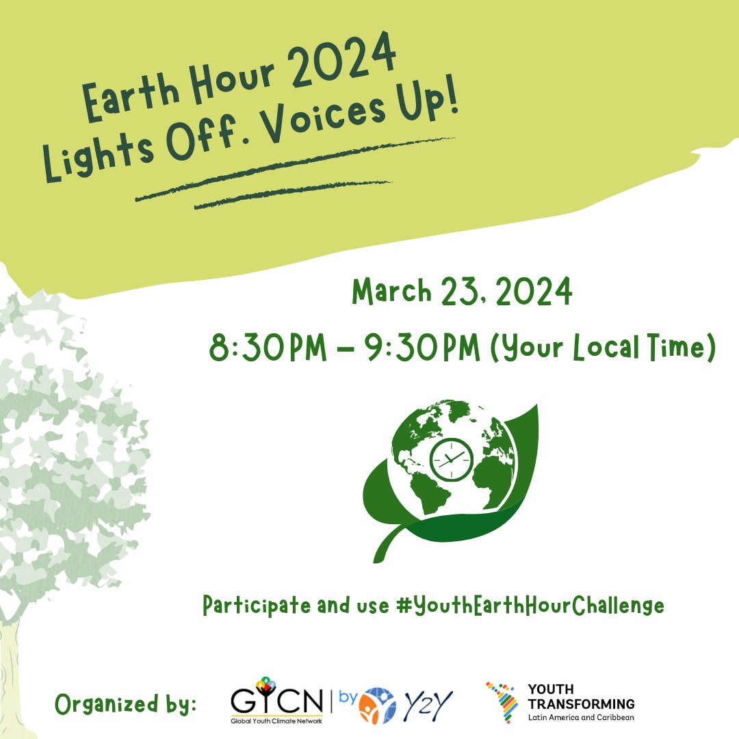 🌍Join the 2024 Earth Hour Challenge: "Lights Off, Voices up"! Are you a young climate leader? Share your actions to inspire global change. Record a 40-second vertical video voicing your support for climate action and turn off the lights. Tag #YouthEarthHourChallenge🌟