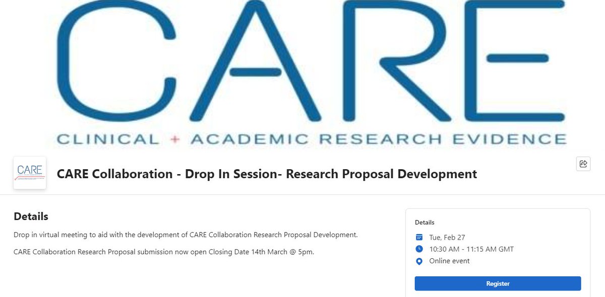 CARE Collaboration (HSE/SETU) Research Proposal Workshop - Online Event Tuesday 27th February 10.30-11.15 To register: bit.ly/3SW444G @UHW_Waterford @WexGenHosp @mariaba01464133 @lukes_ck @CharmaineScal @MichelleWaldr19 @TraceyDermody