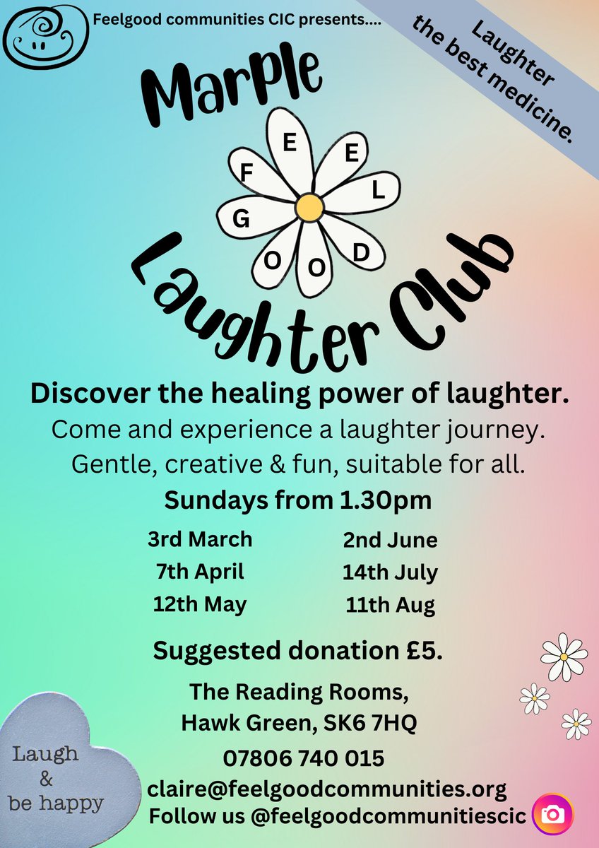 Yes it's finally happening!

A monthly laughter club in Marple.

Come &amp; join us on a laughter journey. 

You laugh, you feel good it's that simple......but don't take my word for it, do your own research.

#laughterthebestmedicine #laughandfeelgood #followyourjoy #basedinscience