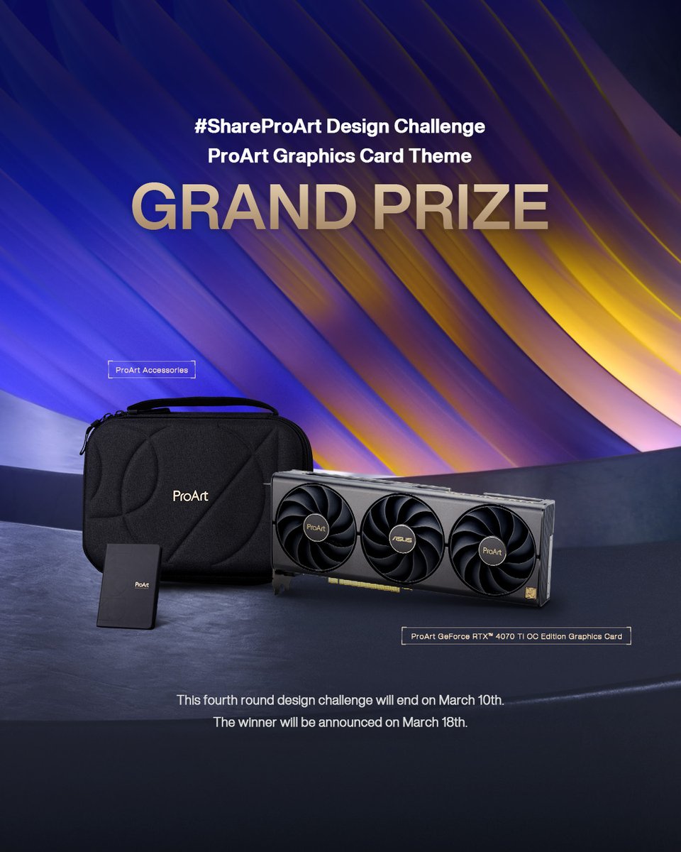 Creators! 🖥️🎨 ​

The fourth round of our #ShareProArt Design Challenge ends on Mar. 10th! The grand prize? The latest #ProArt GeForce RTXTM 4070 Ti OC Edition #GraphicsCard! Plus, a chance to win Discord Nitro Membership! 👉​

Learn how: asus.click/ShareProArt