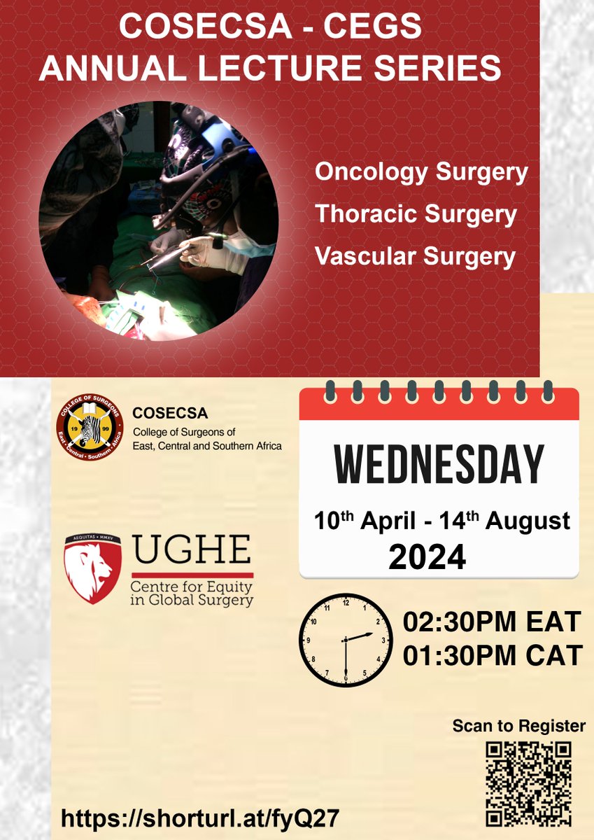 Participate in the upcoming virtual lecture series on Oncology, Thoracic & Vascular Surgery, organized by @cosecsa & Cegs @ughe_org, running from April 10 to August 14, 2024. Renowned speakers will discuss the latest advancements in the fields. Register at shorturl.at/fyQ27