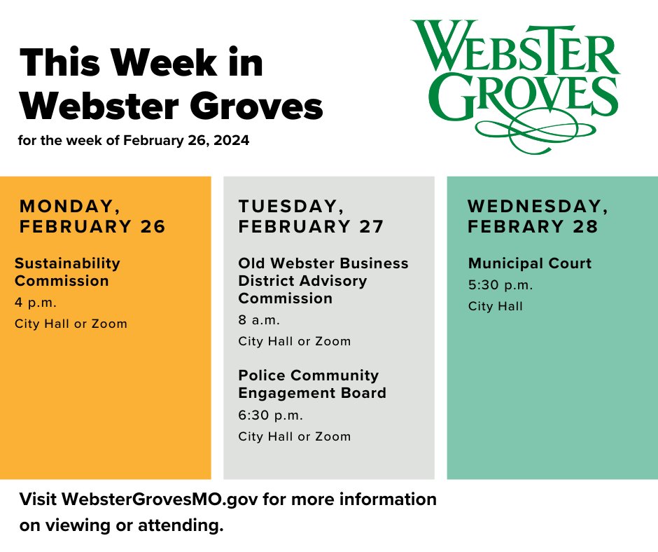 City of Webster Groves (@webstergroves) on Twitter photo Here is a look at the meetings for the City of Webster Groves for the week. Visit our website to learn more on how to attend in person or via Zoom. Here is a look at the meetings for the City of Webster Groves for the week. Visit our website to learn more on how to attend in person or via Zoom.